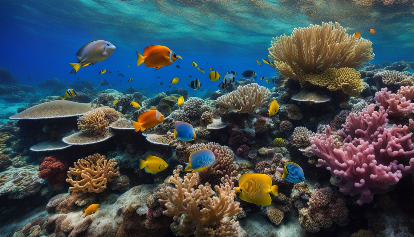 A vibrant coral reef teaming with diverse marine life captured in stunning detail and clarity.