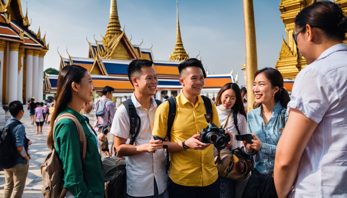 A local Thai tour guide shares historical tales with tourists in front of a grand palace.