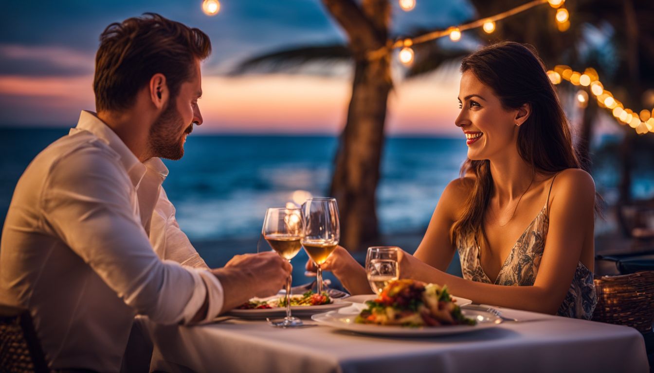 A couple enjoys a romantic dinner with ocean views at a beachfront restaurant.