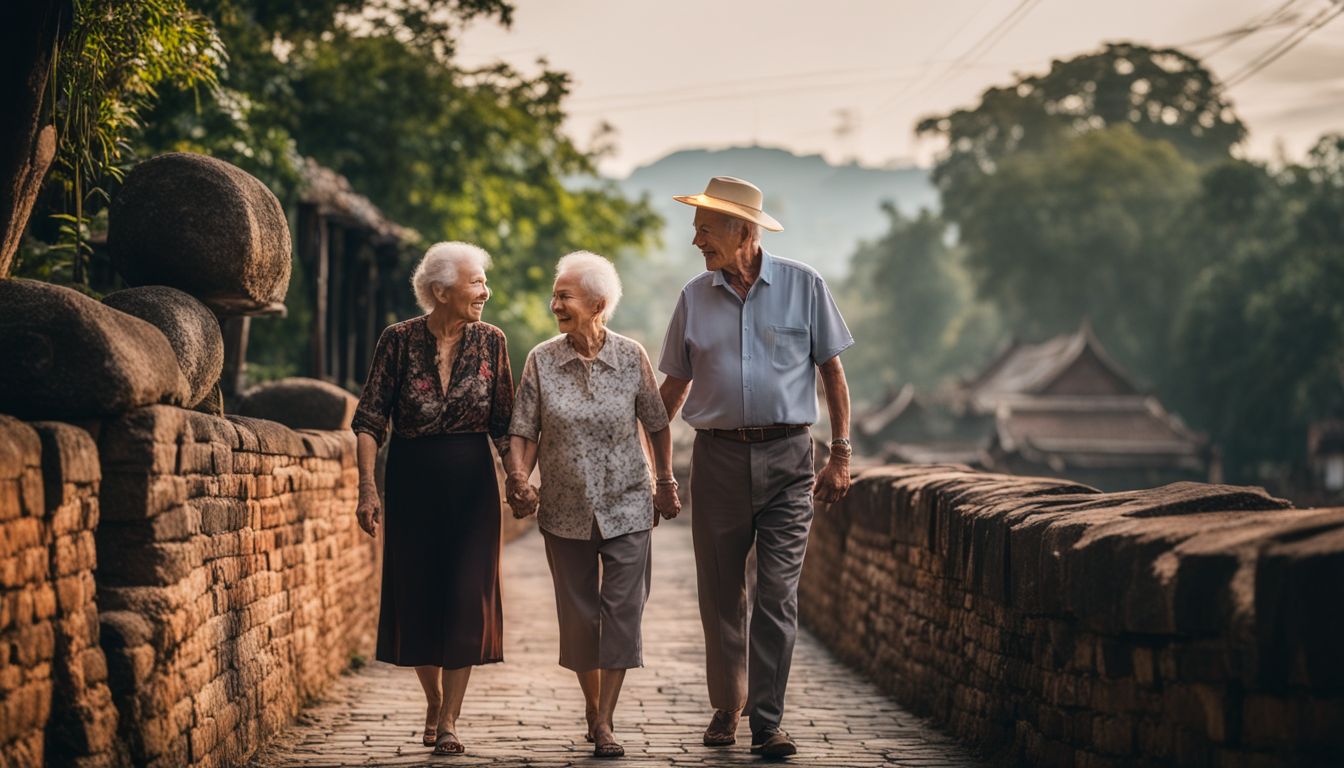An elderly couple walks hand in hand along the ancient walls of Chiang Mai.