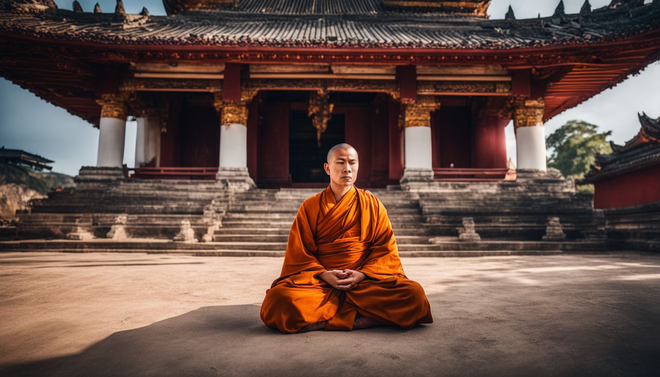 A Buddhist monk meditates in front of an ancient temple, captured in a stunning photograph.