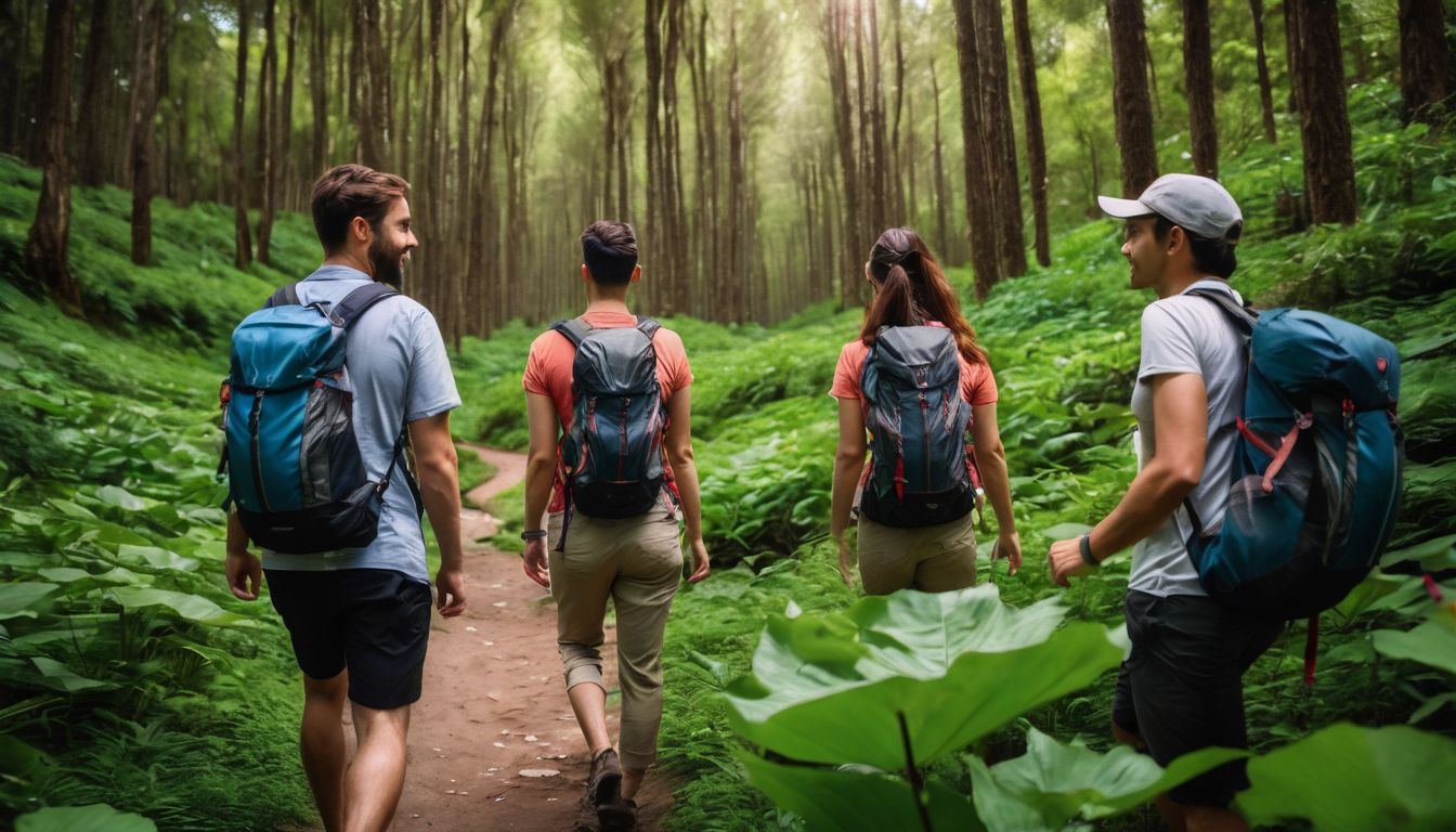 A diverse group of friends hiking through a lush forest trail to Red Lotus Lake.