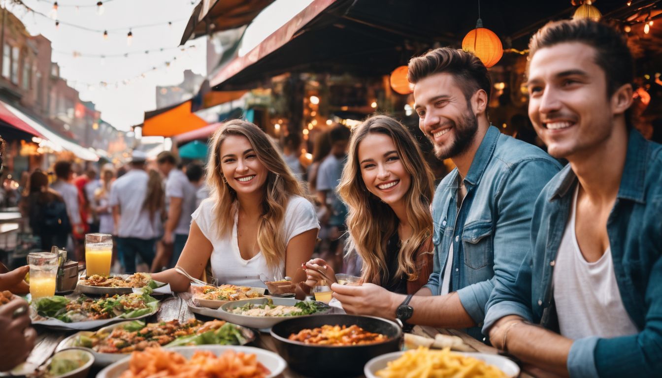 A diverse group of friends enjoy a meal at a vibrant outdoor street food market.