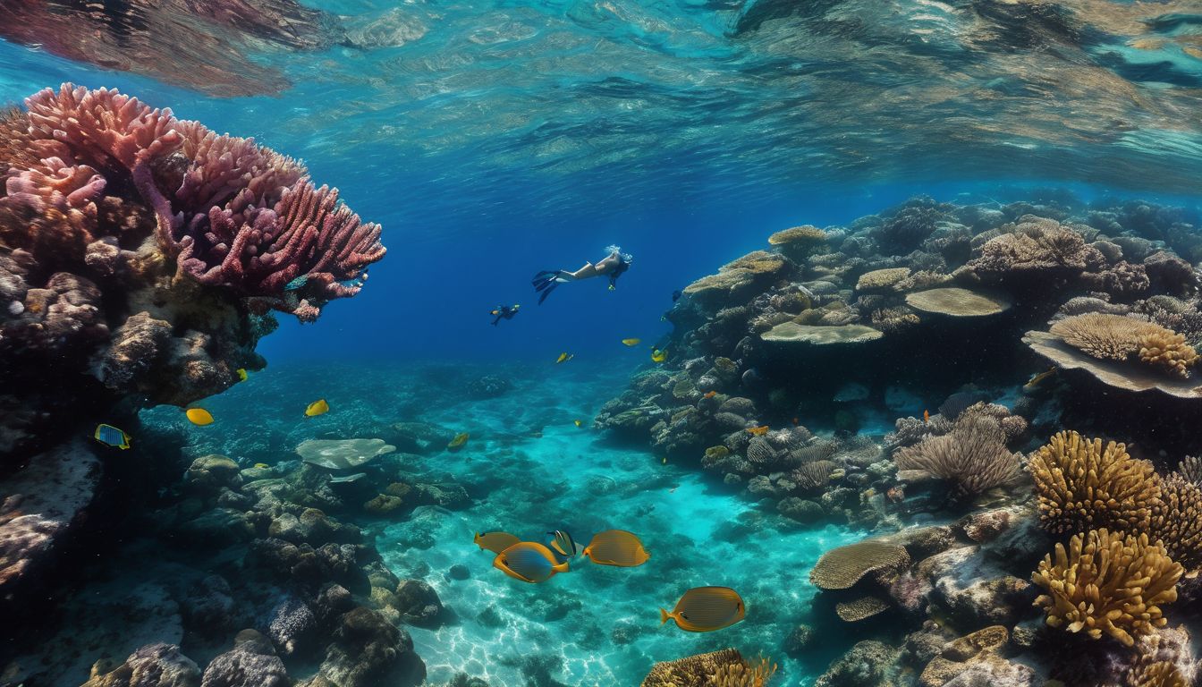 A diverse group of tourists explore vibrant coral reefs while snorkeling in crystal clear waters.