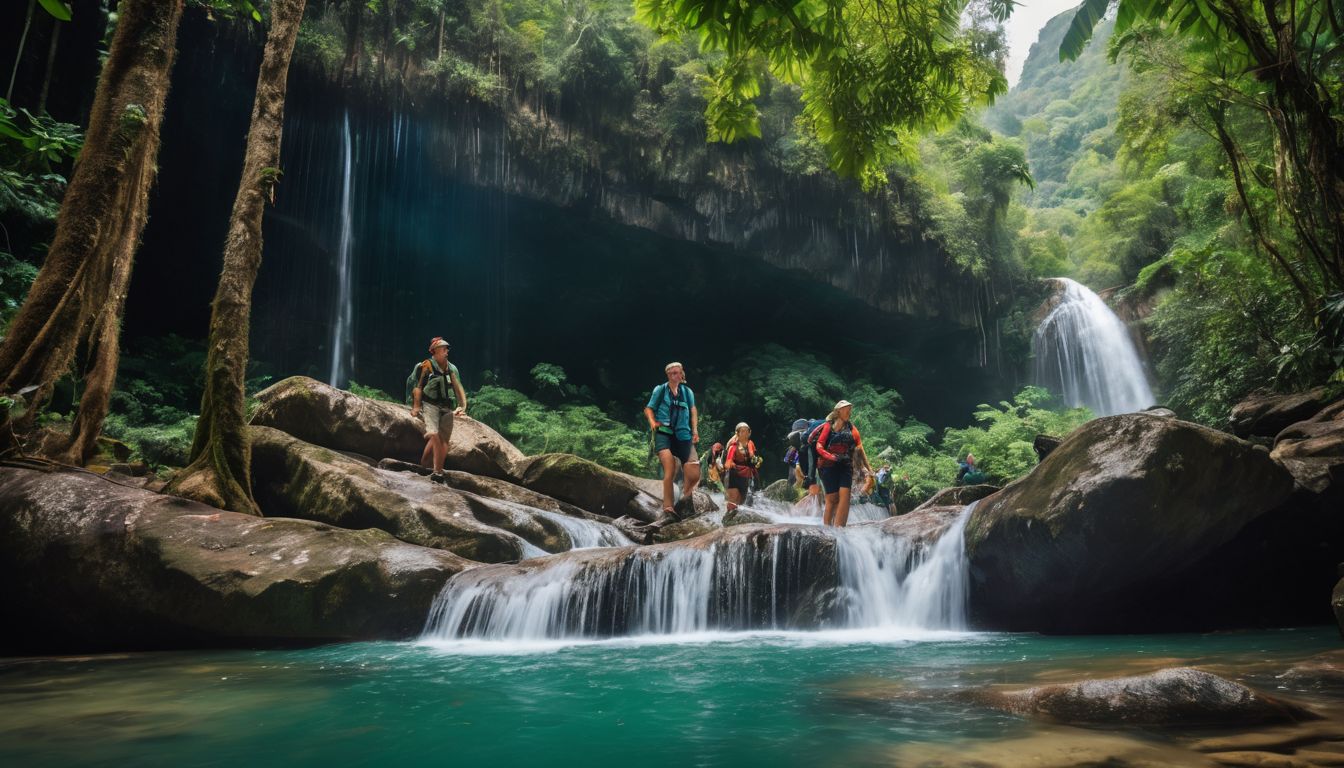 A diverse group of trekkers exploring the lush jungles and waterfalls of Thailand.