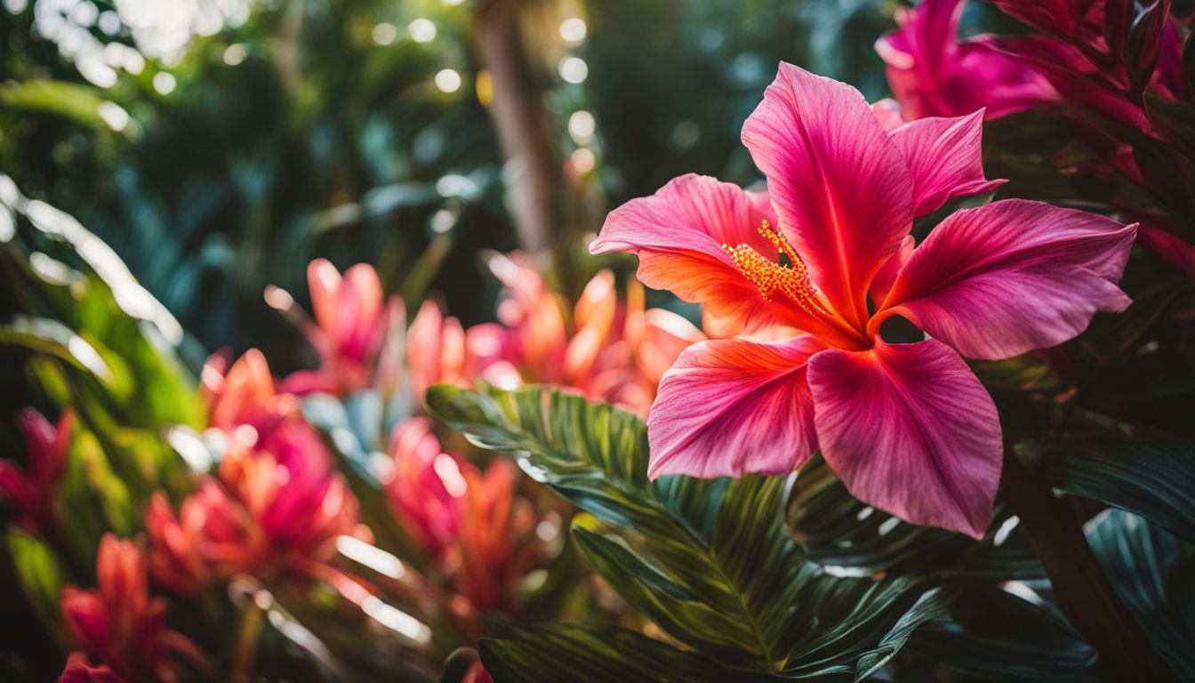 A vibrant tropical flower blooming in a lush garden, captured in stunning detail and clarity.
