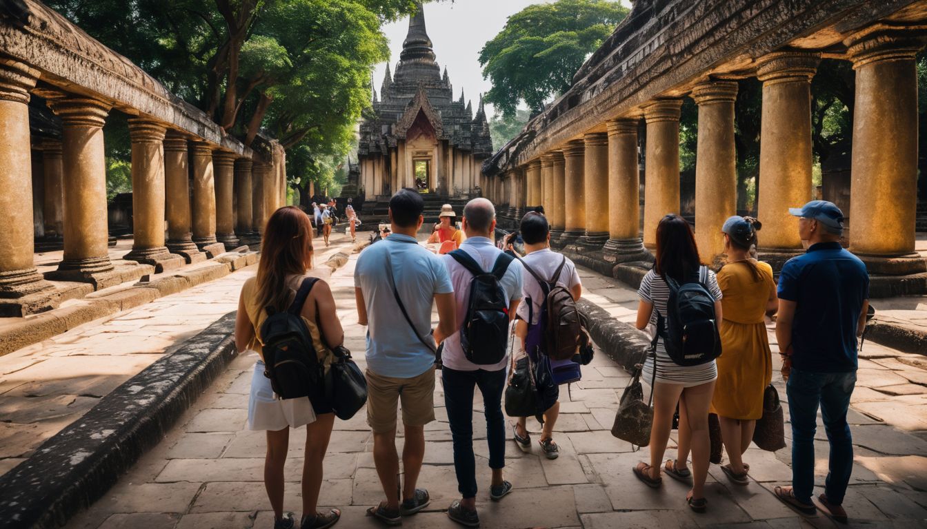 A group of diverse tourists explore the ruins of Wat Phra Si Ratana Mahathat in Si Satchanalai Historical Park.
