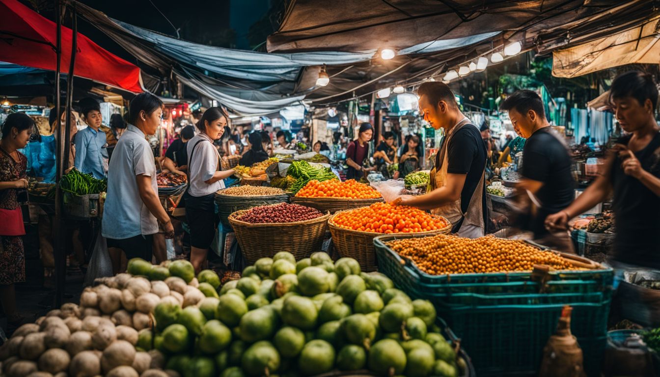 A vibrant street market in Bangkok showcasing a diverse range of people, styles, and activities.
