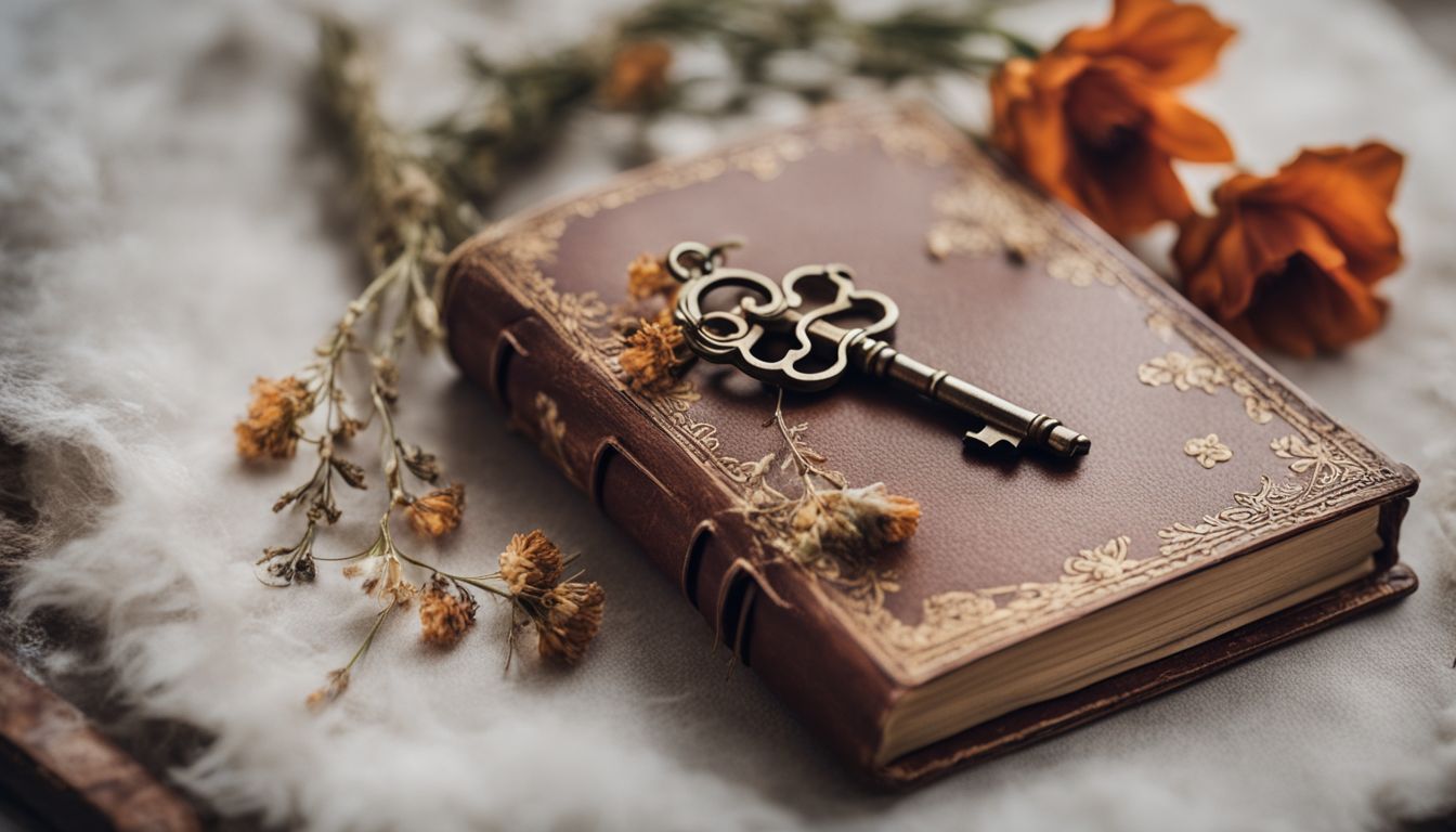 A close-up of a locked diary surrounded by dried flowers and various personal items.