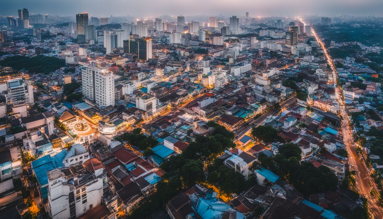 A vibrant cityscape of Ho Chi Minh City showcasing its bustling streets, tall buildings, and diverse population.