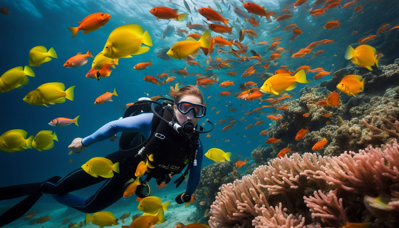 A scuba diver explores the underwater world surrounded by a vibrant school of tropical fish.
