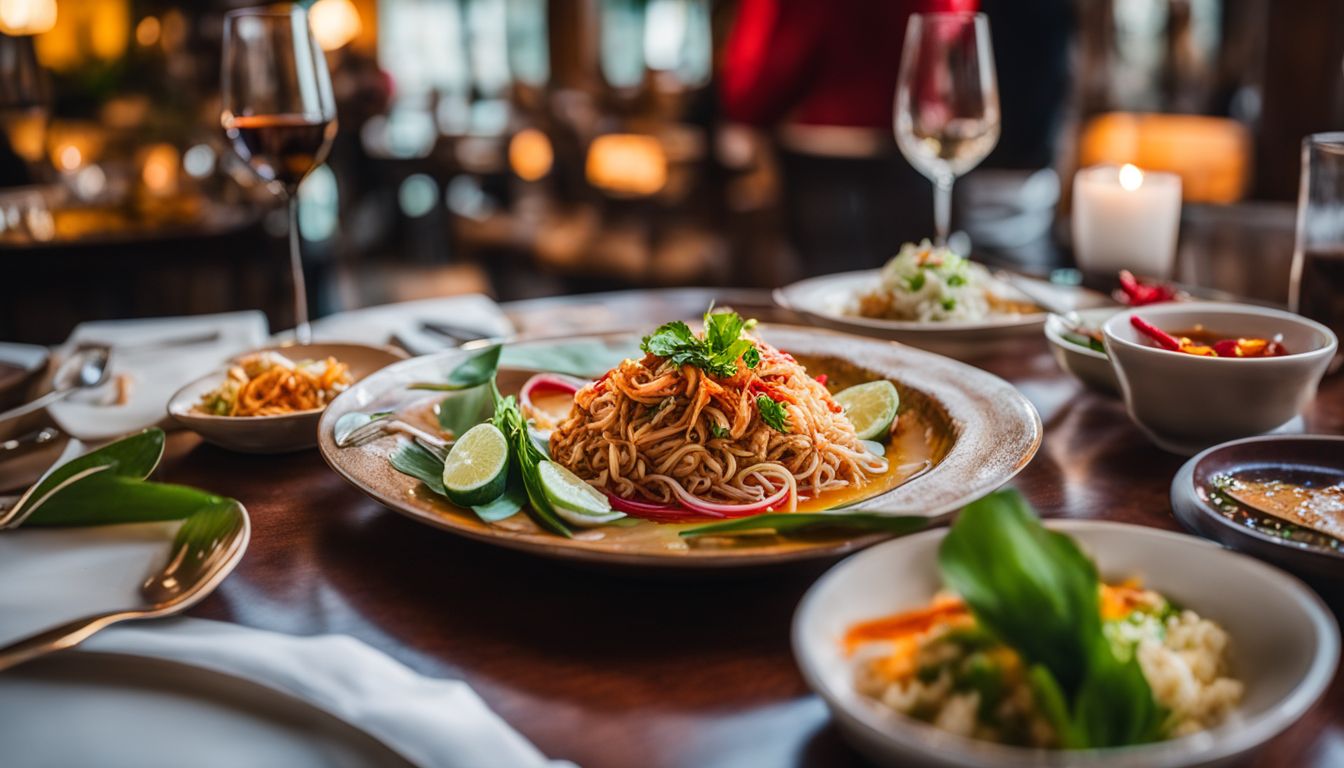 A beautifully plated Thai dish surrounded by elegant restaurant decor, with diverse people enjoying the bustling atmosphere.