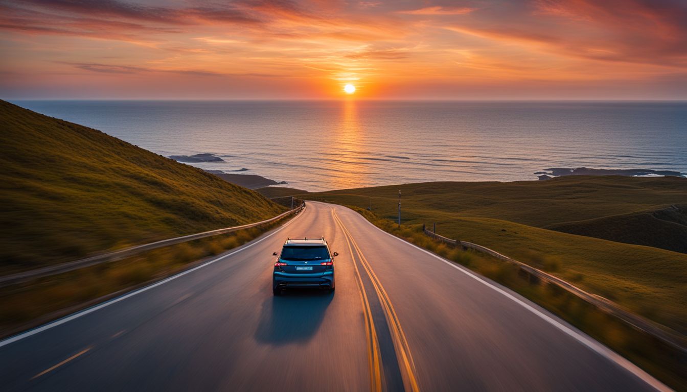 A vibrant sunset illuminates a coastal road as a minivan drives towards the horizon.
