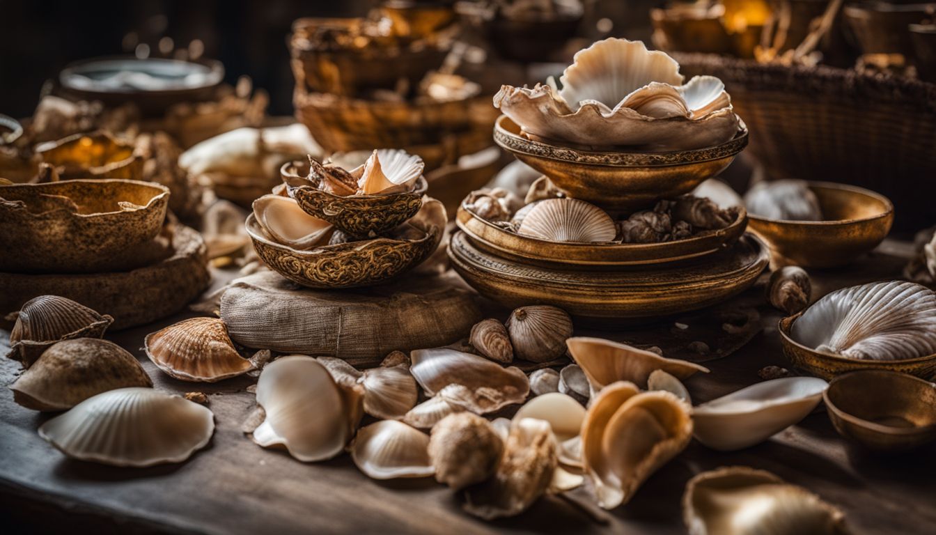 A pile of ancient Thai shells surrounded by historical artifacts in a bustling atmosphere.