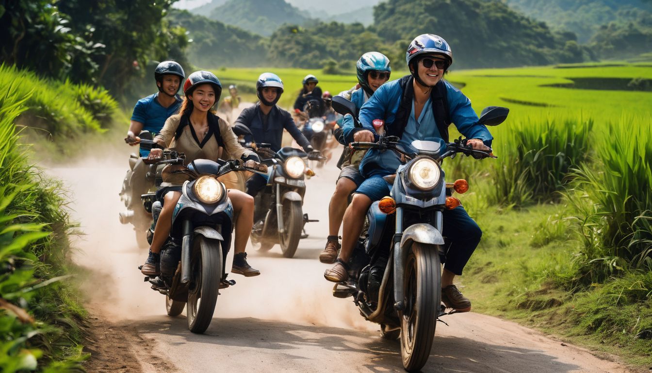A diverse group of friends enjoy a scenic motorbike ride through the countryside of Vietnam.