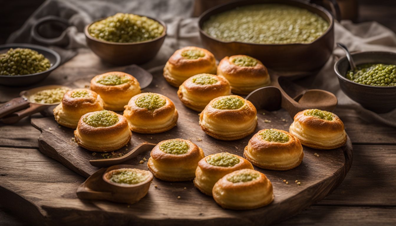 A photo showcasing freshly baked mung bean pastries on a rustic wooden table with diverse people and vibrant outfits.