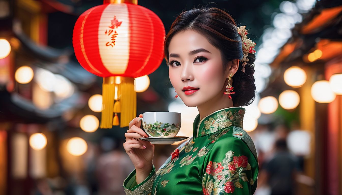 A woman wearing a traditional Vietnamese ao dai holds a cup of Vietnamese coffee surrounded by colorful lanterns.