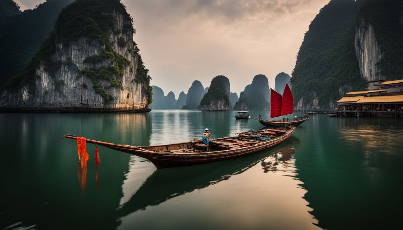 A traditional Vietnamese fishing boat on calm waters in Ha Long Bay, with various people and clear, vibrant photography.