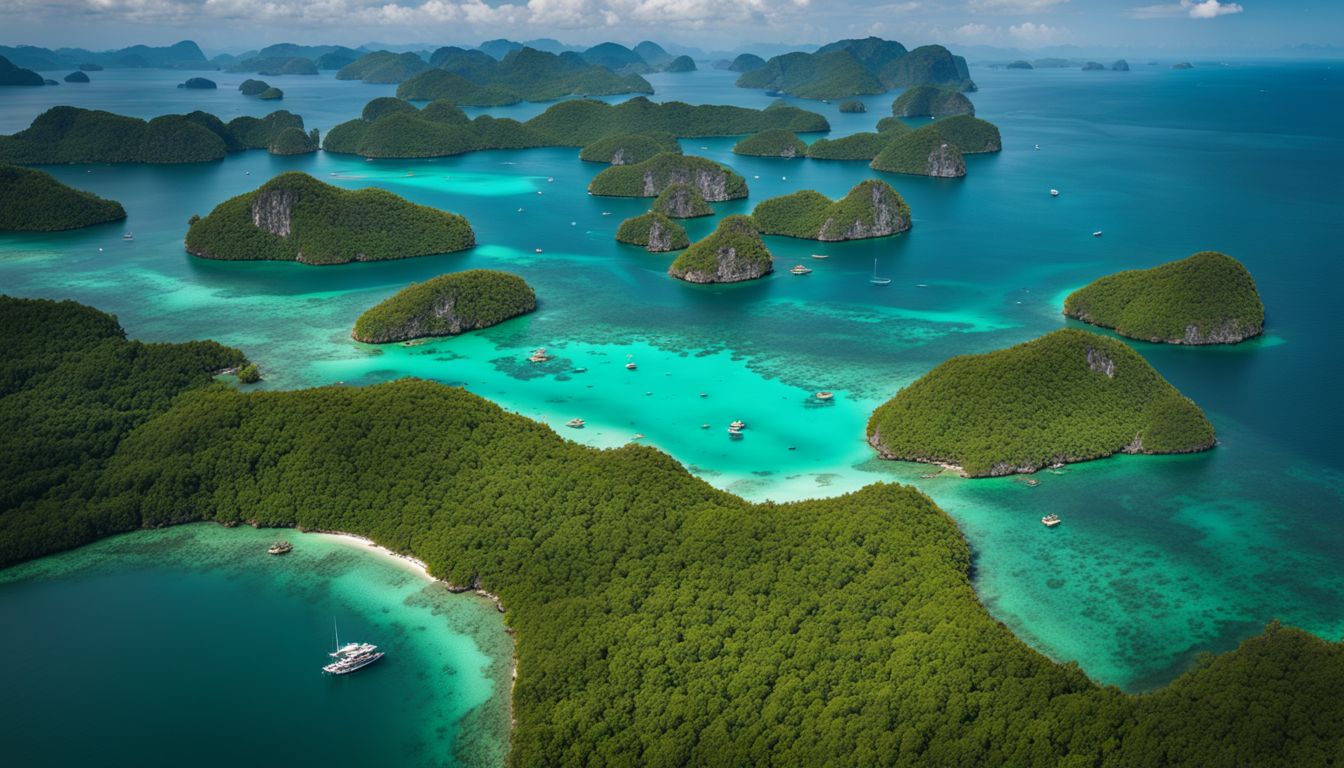 A stunning aerial photograph of the vibrant turquoise waters surrounding the lush green islands of Trang.