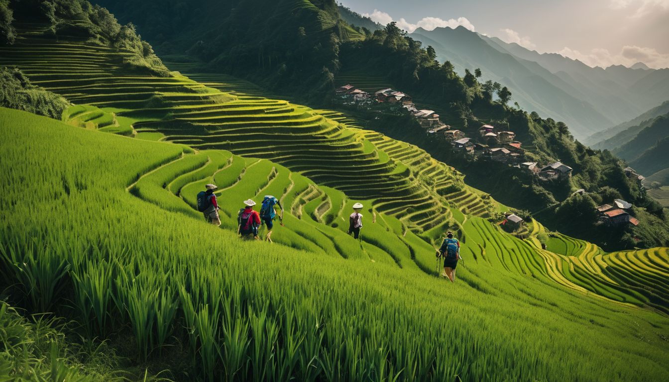 A diverse group of friends enjoy a scenic hike through vibrant rice terraces in Sapa.