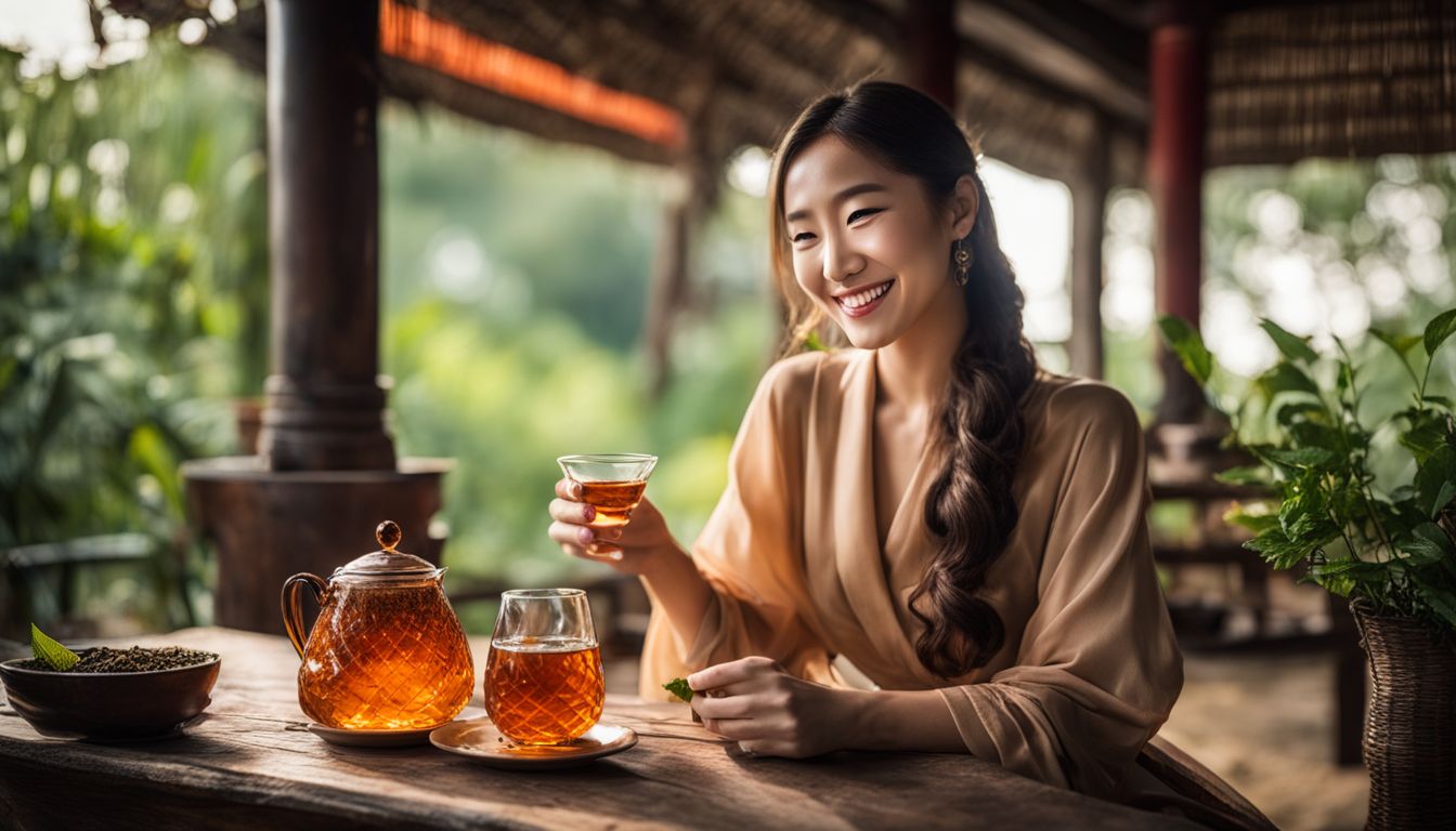 A woman holds a glass of snake wine while surrounded by traditional tea leaves in a lively and vibrant atmosphere.