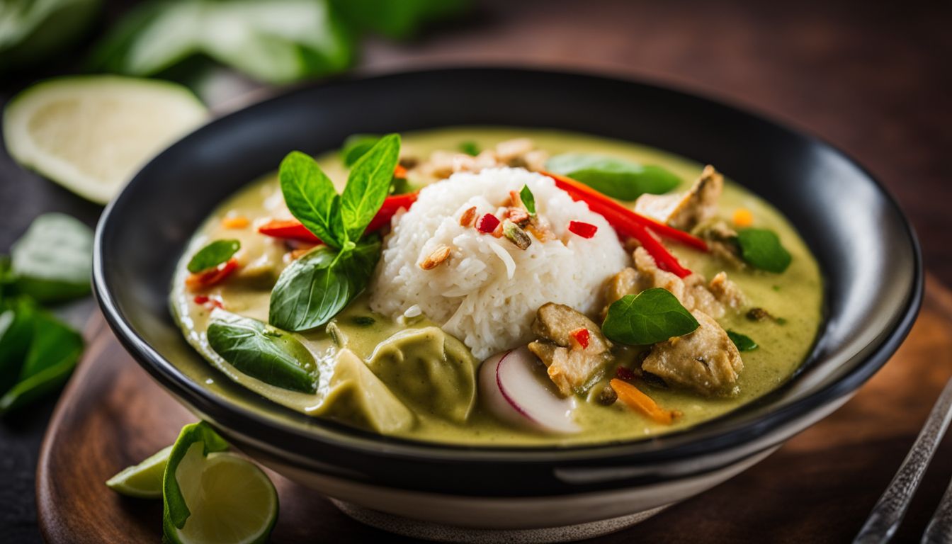 A close-up of a beautifully plated Thai Green Curry dish with vibrant colors and textures.