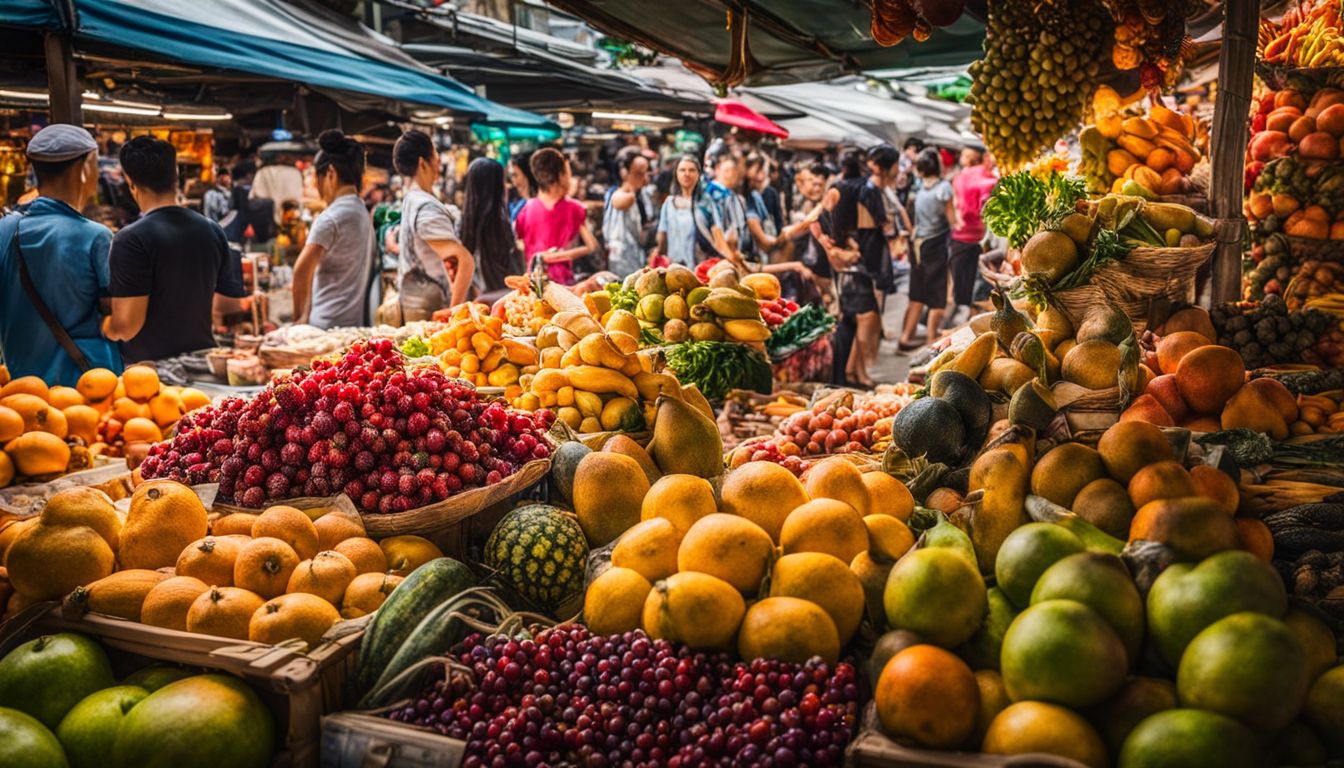 Colorful display of tropical fruits and local delicacies at Chatuchak Weekend Market captured in a vibrant and bustling atmosphere.