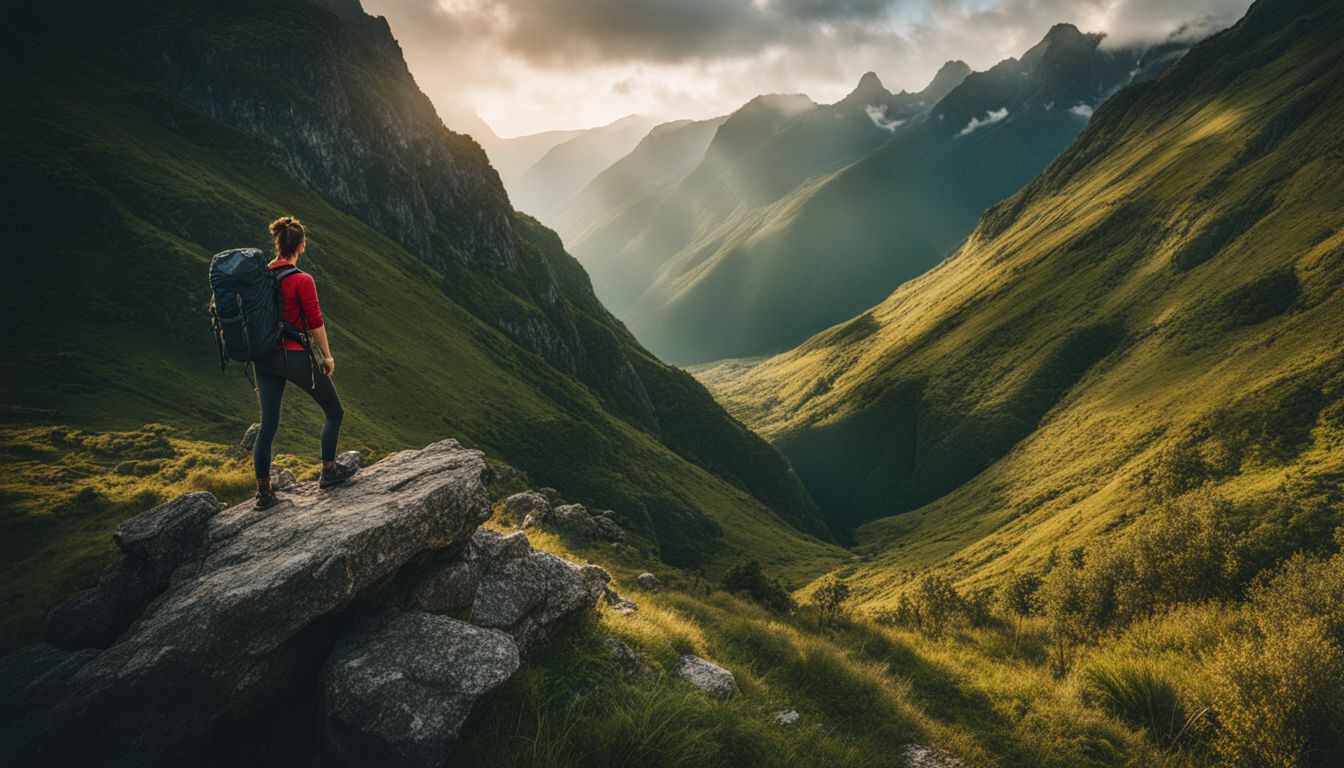 A hiker stands on a rocky trail surrounded by lush green mountains in a bustling atmosphere.