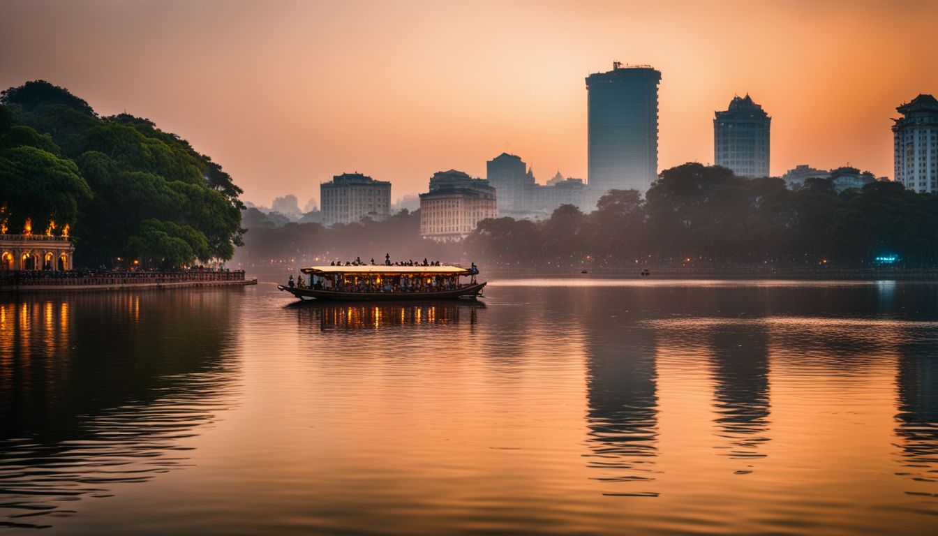 A vibrant photo showcasing the beauty of Hoan Kiem Lake at sunset, with a bustling cityscape in the background.