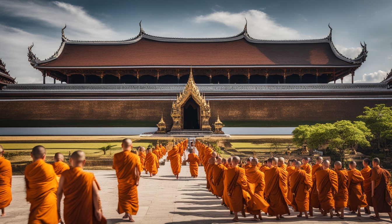 Aerial photograph of monks walking along the pathways of Wat Chedi Luang, capturing the vibrant atmosphere of the ancient temple complex.