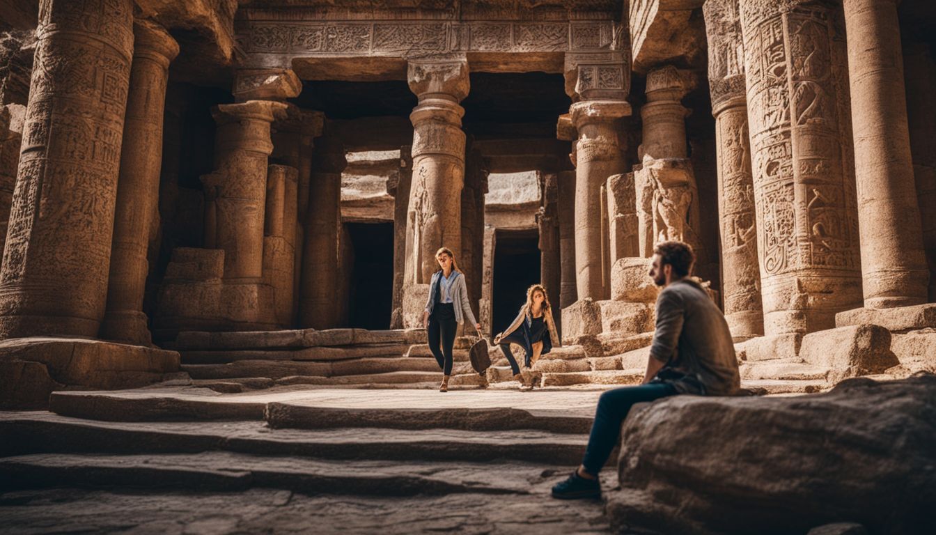 The photo shows a couple exploring the intricate carvings of ancient ruins in My Son.