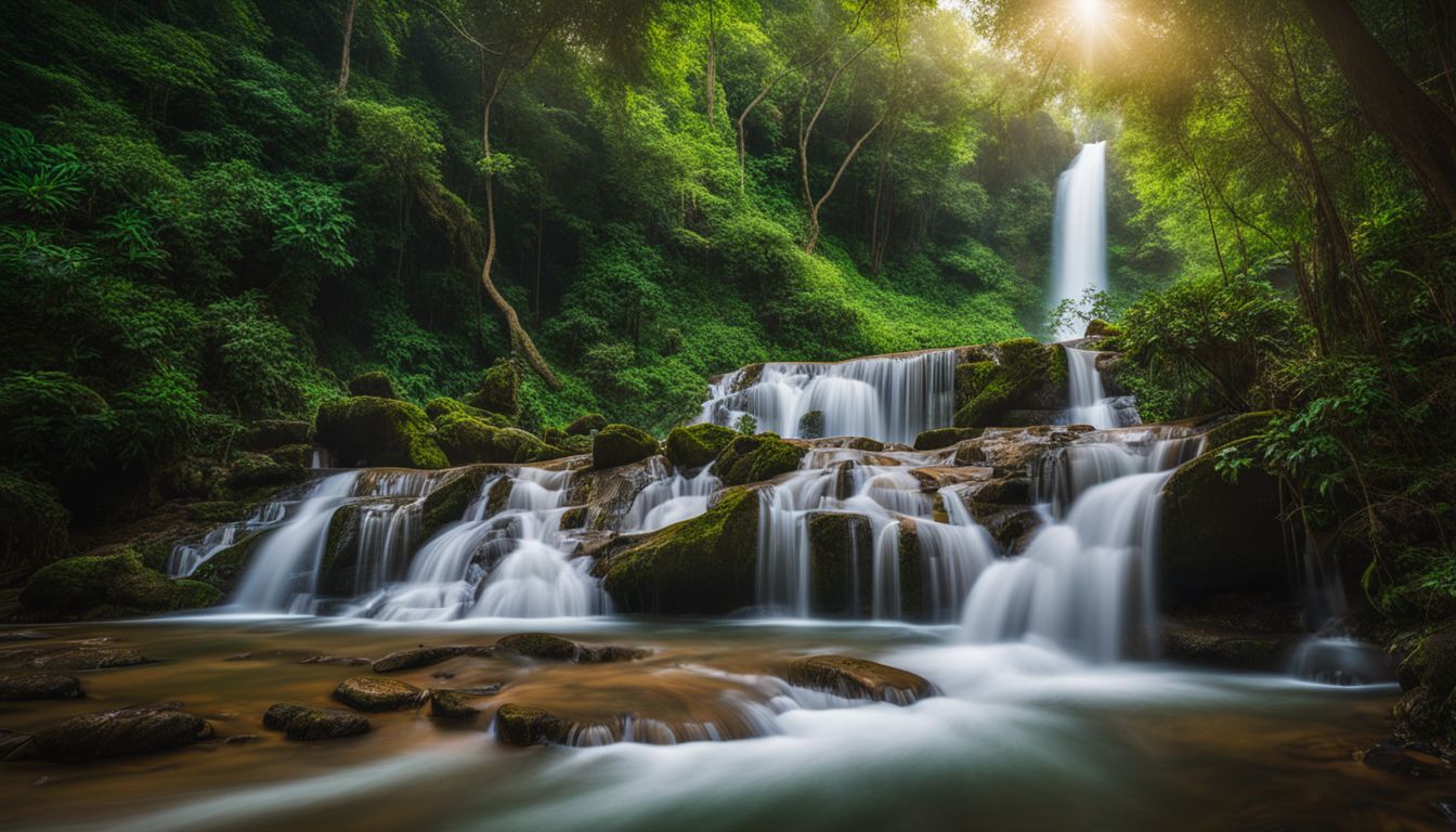 A stunning photo of a majestic waterfall in a lush green national park.