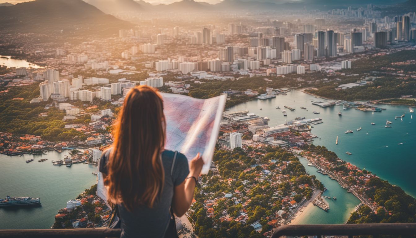 A tourist examines a detailed map of Pattaya in a bustling cityscape.