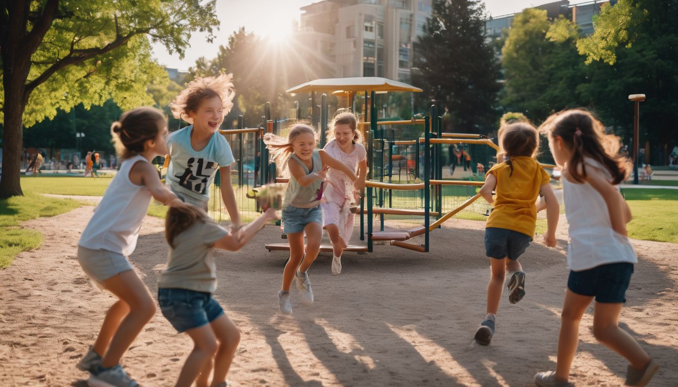 A group of diverse children enjoy playing in a park surrounded by schools and hospitals.