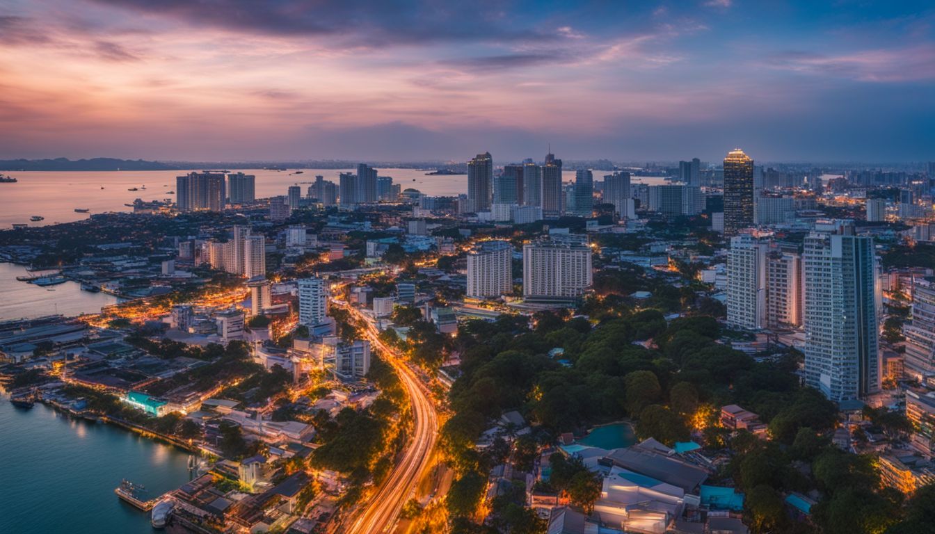 A vibrant cityscape at sunset in Pattaya, featuring diverse people and bustling activity.