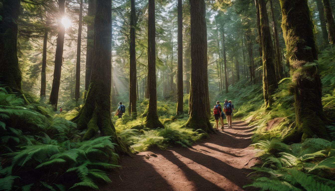 A diverse group of friends enjoys a hike in a lush forest surrounded by towering trees.