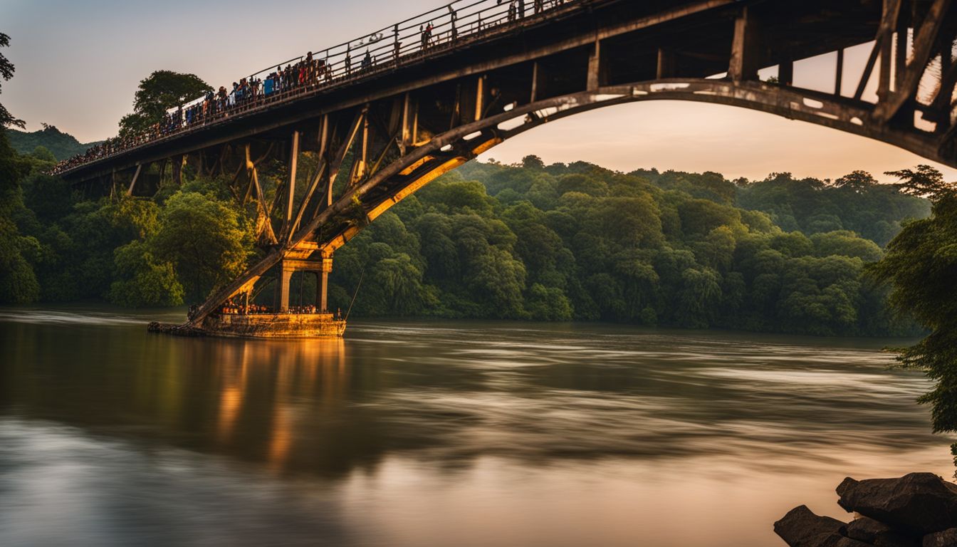 A photo of The River Kwai Bridge at sunset surrounded by lush greenery and a bustling atmosphere.