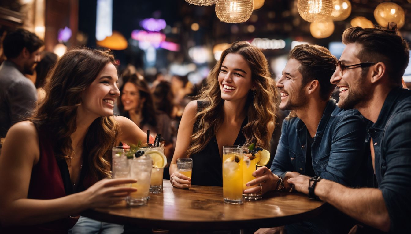 A diverse group of friends enjoys drinks and laughter at New Yuth Bar in a bustling atmosphere.