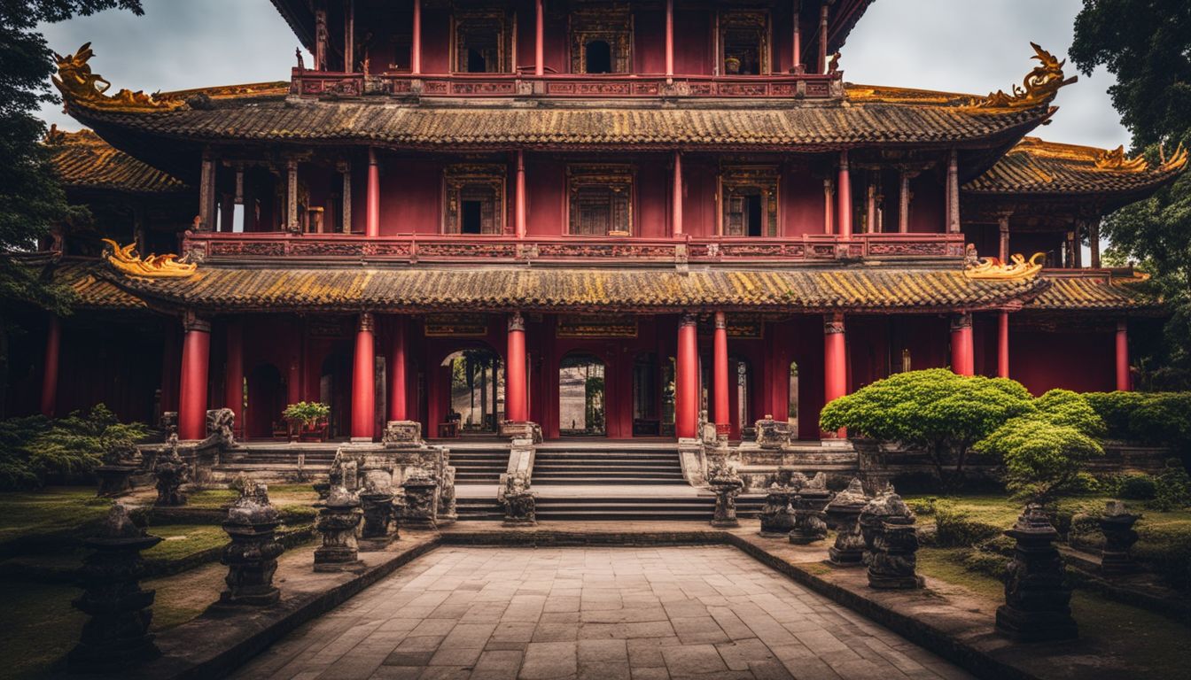 A vibrant photo of the traditional Imperial City of Huế showcasing its intricate architecture and bustling atmosphere.