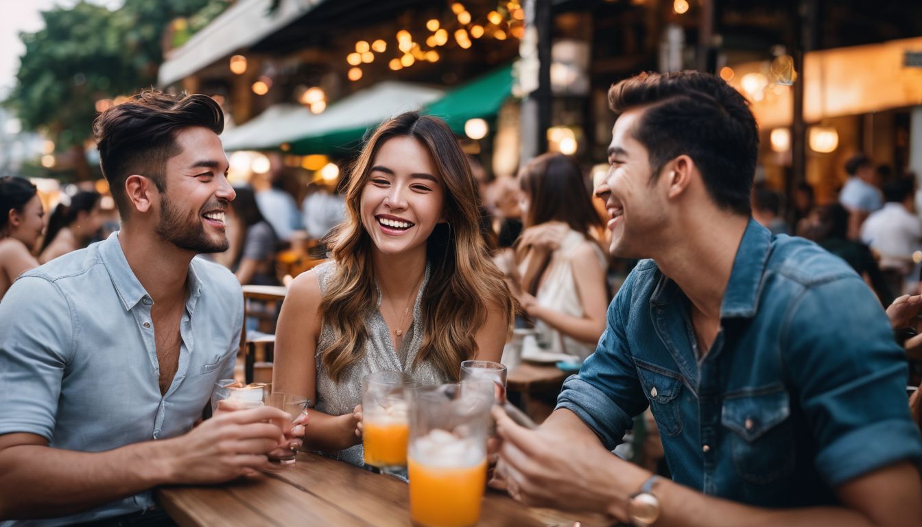 A diverse group of friends enjoys drinks and laughter at an outdoor cafe on Nimman Road.
