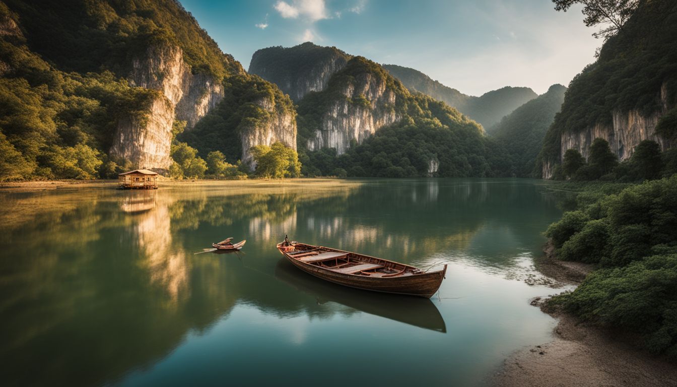 A wooden boat peacefully drifts along a river surrounded by towering limestone cliffs in a bustling atmosphere.
