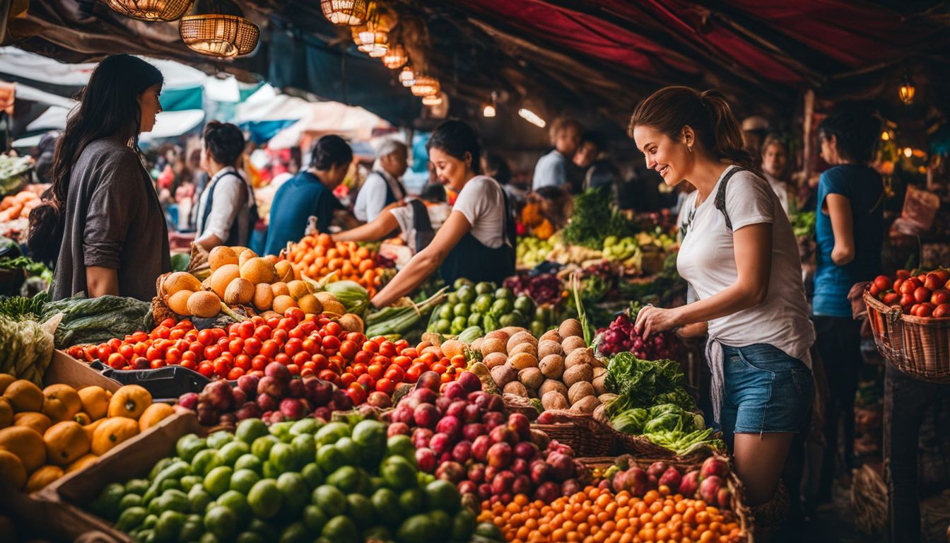 A vibrant market with a diverse crowd and a variety of fresh produce.