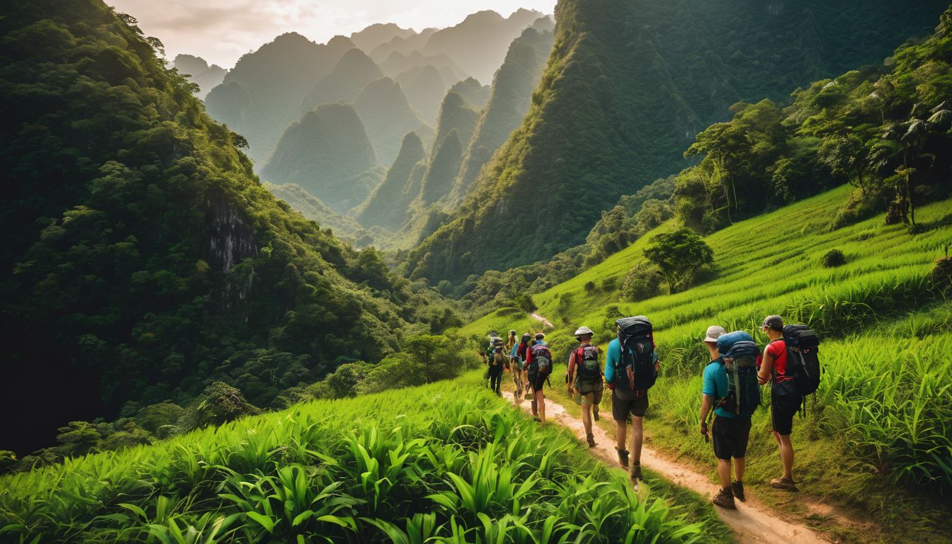 A diverse group of hikers explore the stunning mountains of Phong Nha-Ke Bang National Park.