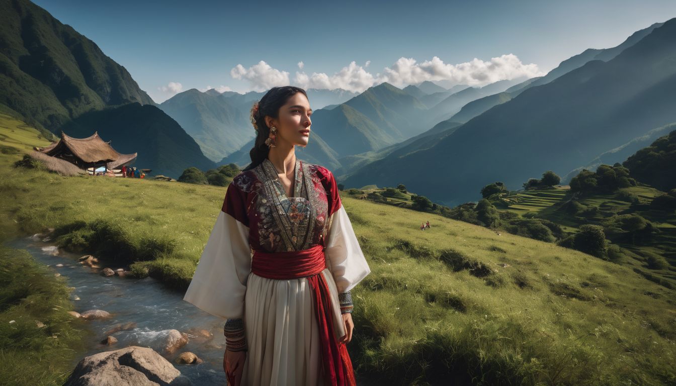 A diverse group of people in traditional clothing are pictured in a beautiful mountain setting.