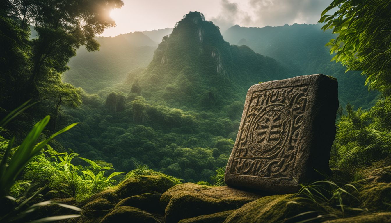 The photo shows an ancient stone tablet with the word 'Thung' surrounded by lush vegetation and a bustling atmosphere.