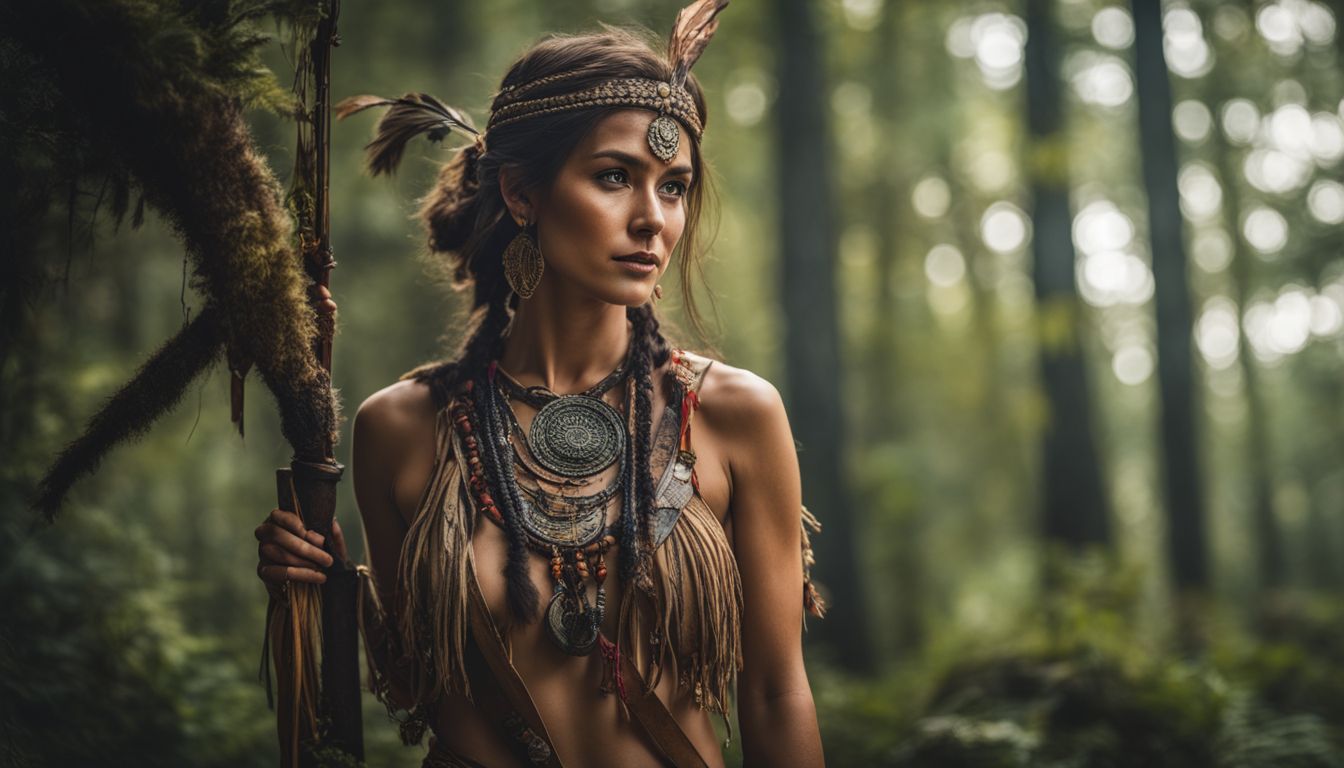 [Summary]: A photograph capturing the beauty of an ancient tribal woman in a forest clearing wearing traditional attire.