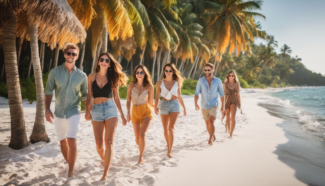 A diverse group of friends enjoying a sunny day on the beach surrounded by palm trees.