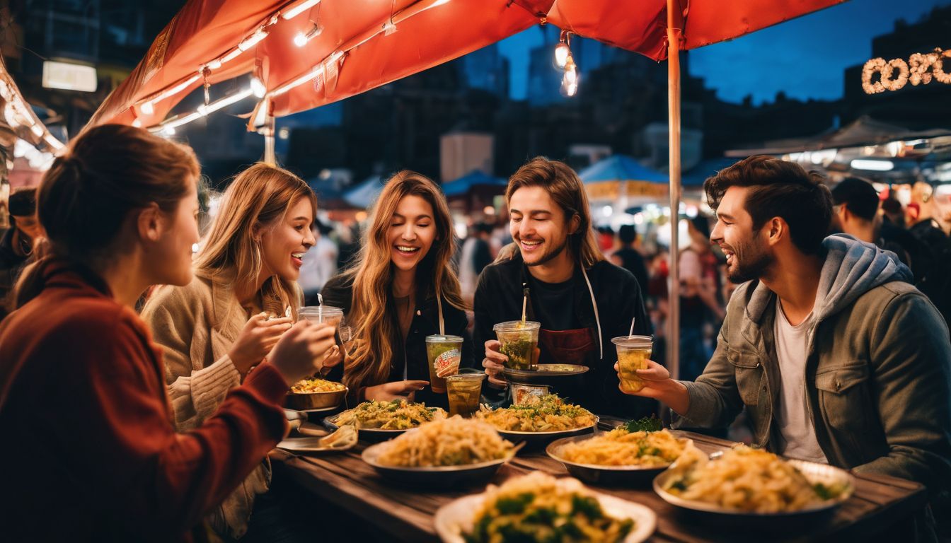 A diverse group of friends enjoying street food at a bustling night market.