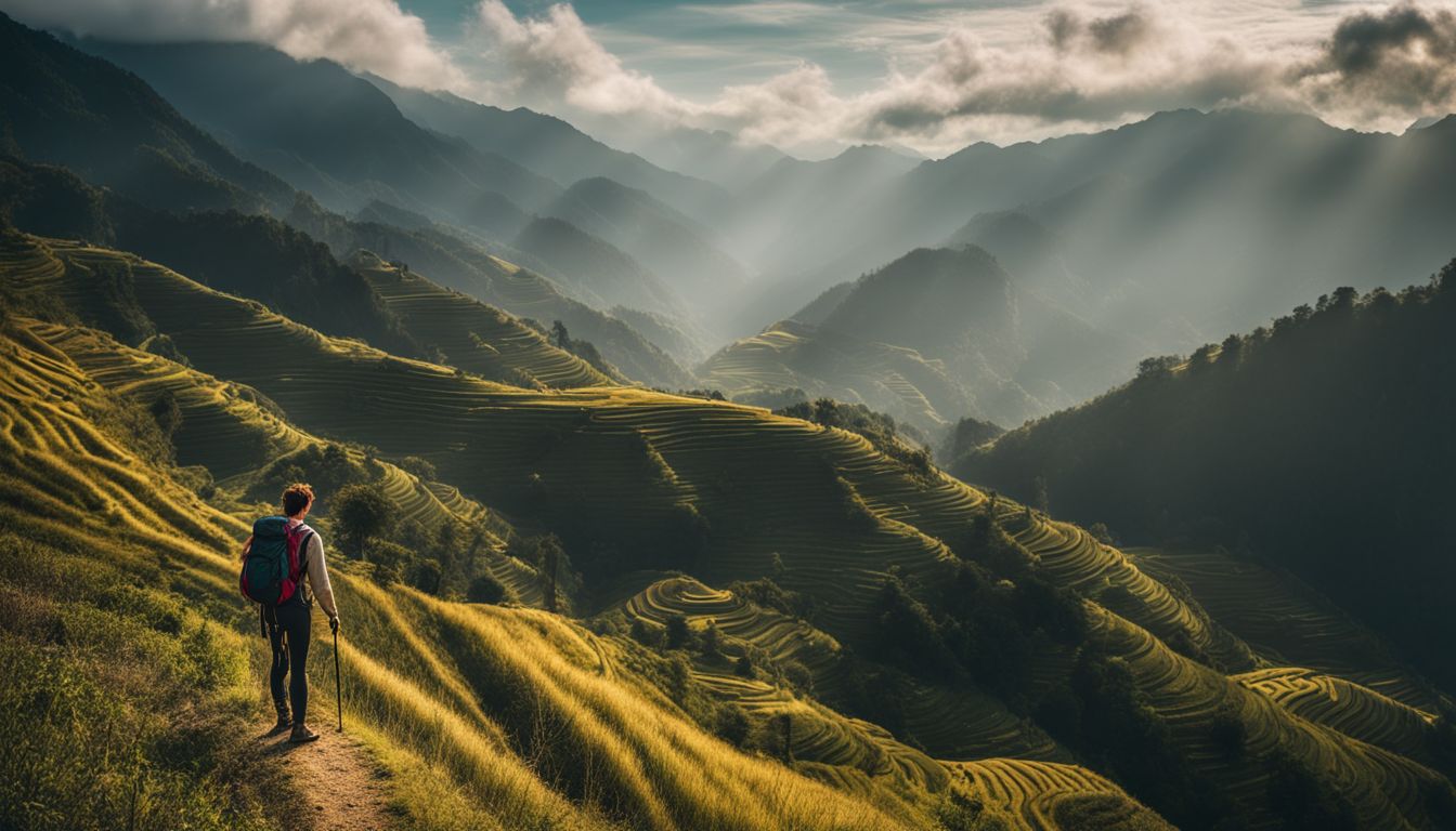 A hiker enjoys the breathtaking view of the scenic mountains of Sapa in this well-lit and sharp photograph.