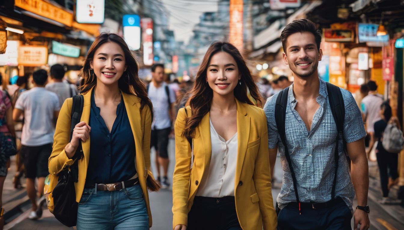 A diverse group of tourists exploring the bustling streets of Bangkok, captured in a vibrant and cinematic photograph.